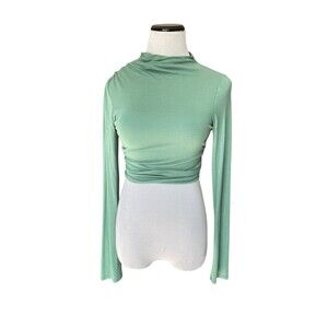 Free People Beach Womens Cierra Long Sleeve Crop Top Size S Green Open Back Mock